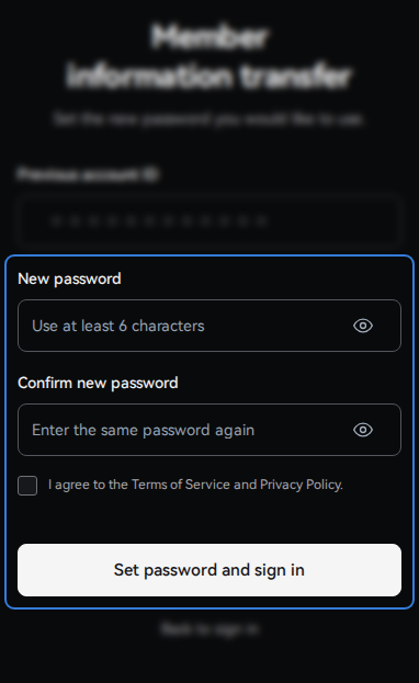 Screen highlighting the new password fields, consent checkbox and Set password and sign in button.